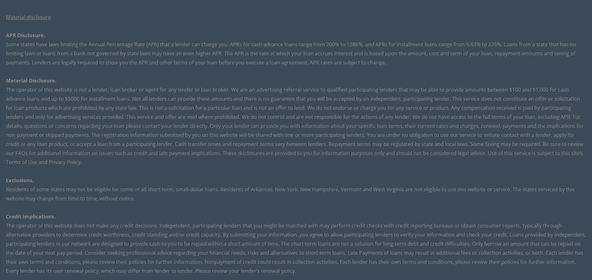 Material disclosure for payday loans in Lakewood Colorado